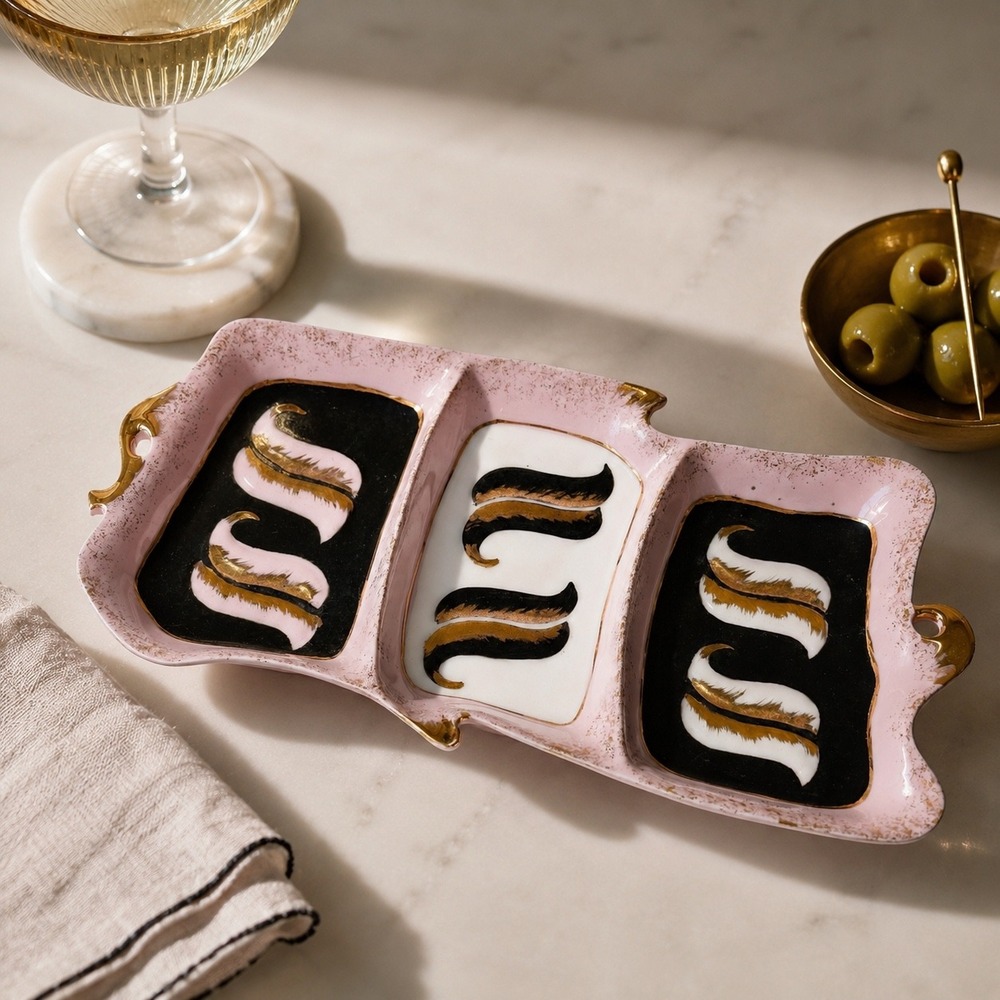Vintage Pink Black Gold Divided Trinket Tray Glam Ceramic Catchall Candy Olive